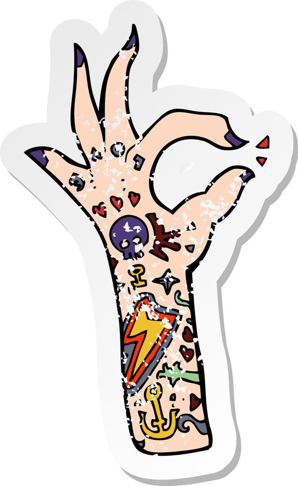 retro distressed sticker of a cartoon tattoo arm vector