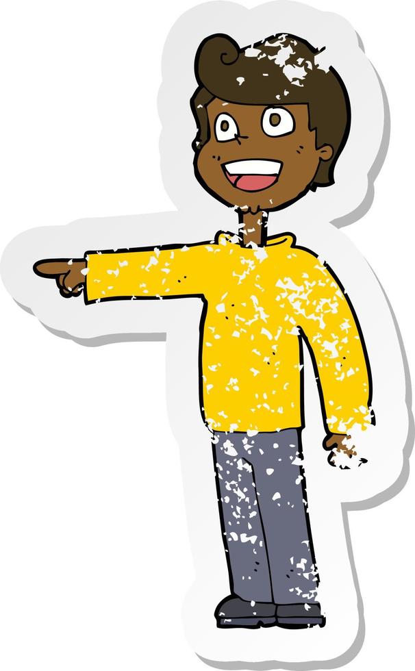 retro distressed sticker of a cartoon man pointing and laughing vector