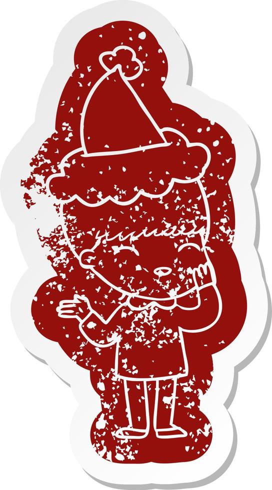 happy cartoon distressed sticker of a boy wearing santa hat vector