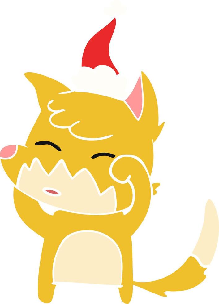 flat color illustration of a fox wearing santa hat vector