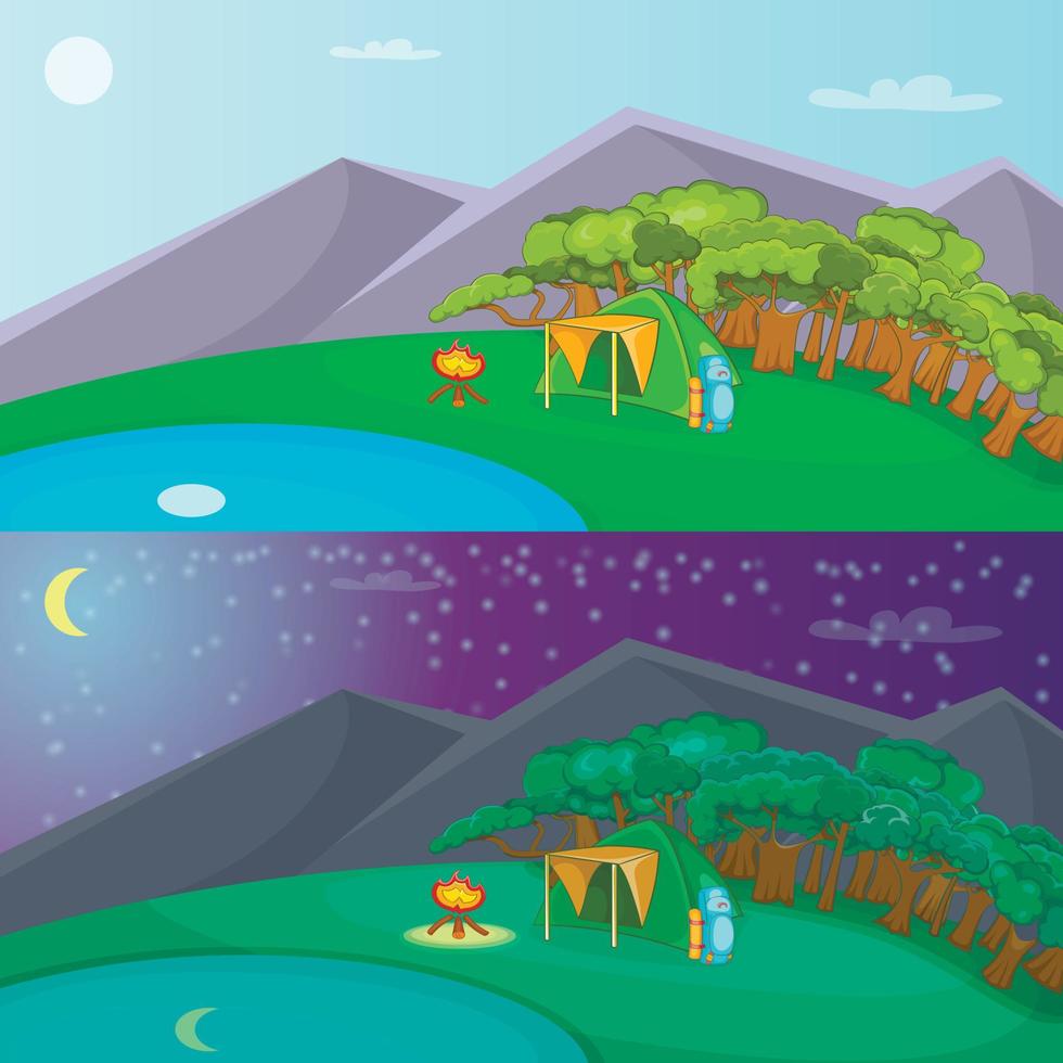 camping banner conjunto horizontal, estilo de dibujos animados vector