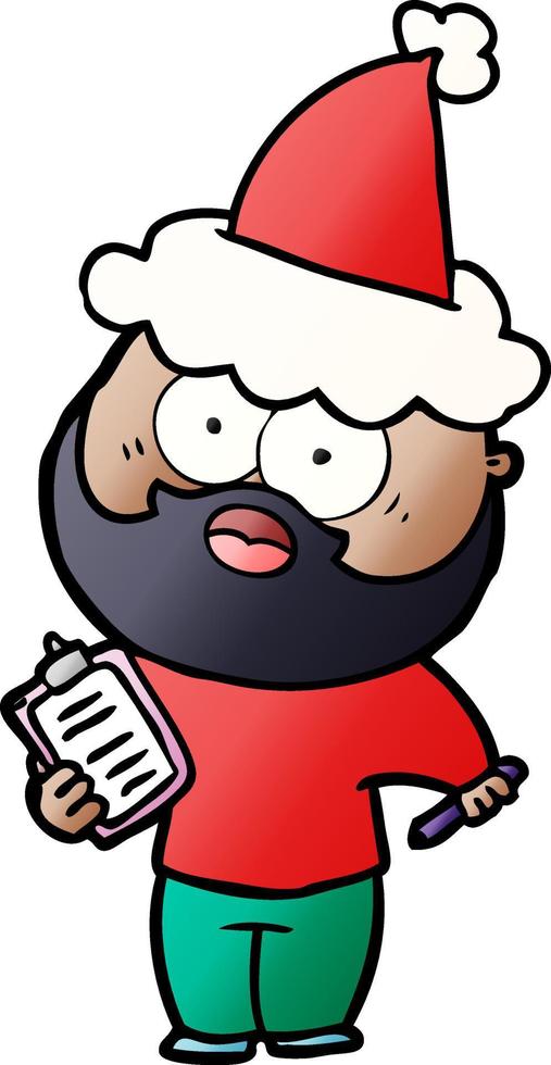 gradient cartoon of a bearded man with clipboard and pen wearing santa hat vector