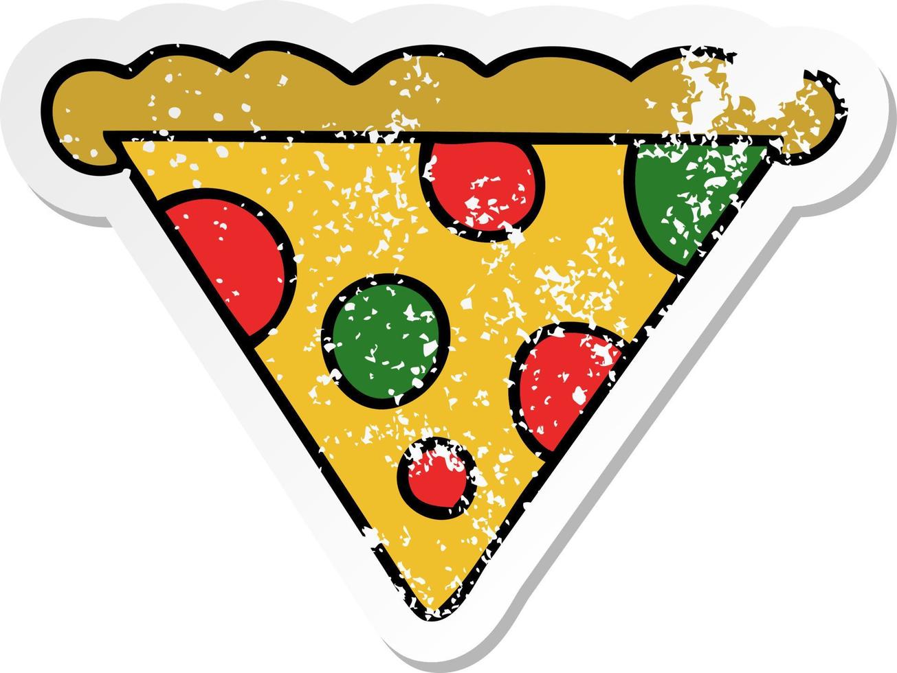 distressed sticker of a quirky hand drawn cartoon slice of pizza vector