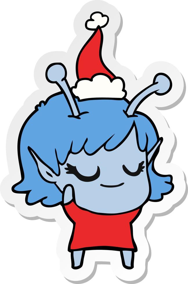 smiling alien girl sticker cartoon of a wearing santa hat vector