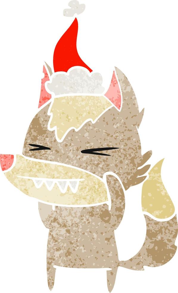 angry wolf retro cartoon of a wearing santa hat vector