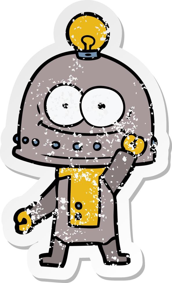 distressed sticker of a happy carton robot with light bulb vector