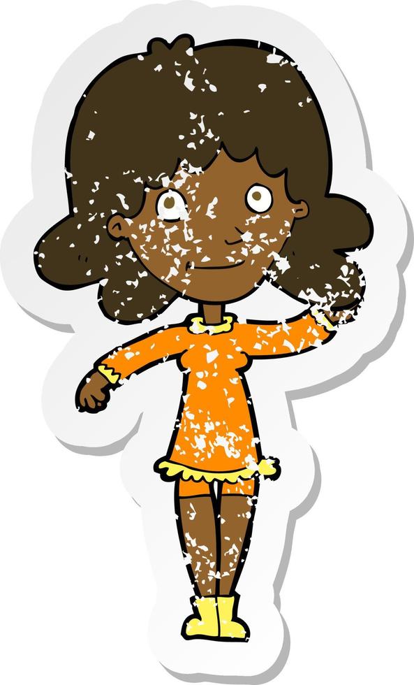 retro distressed sticker of a cartoon friendly woman waving vector