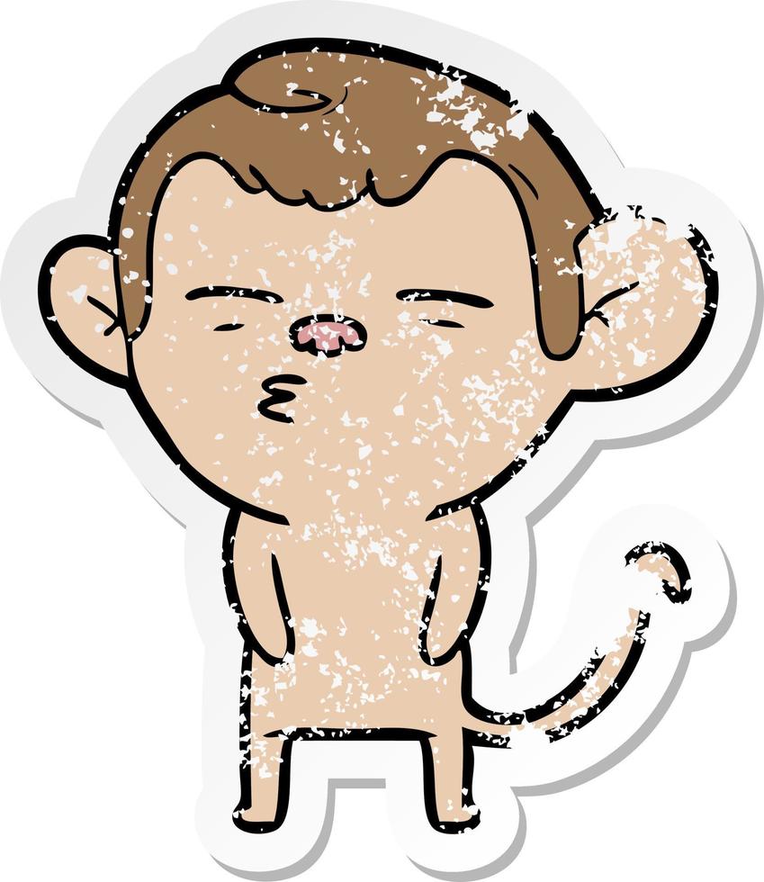 distressed sticker of a cartoon suspicious monkey vector