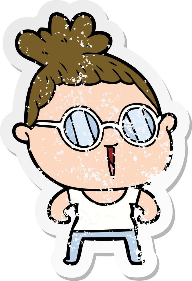 distressed sticker of a cartoon tough woman wearing spectacles vector