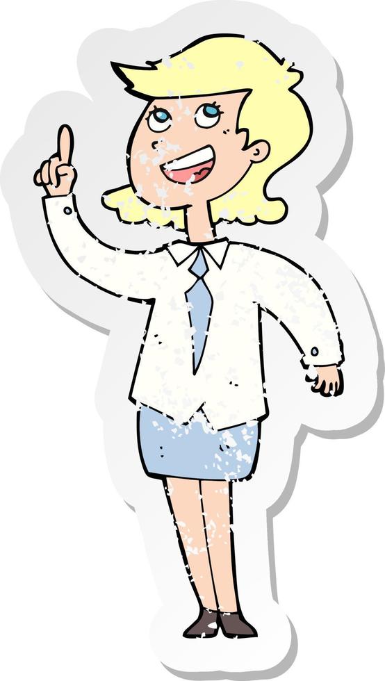 retro distressed sticker of a cartoon businesswoman with idea vector