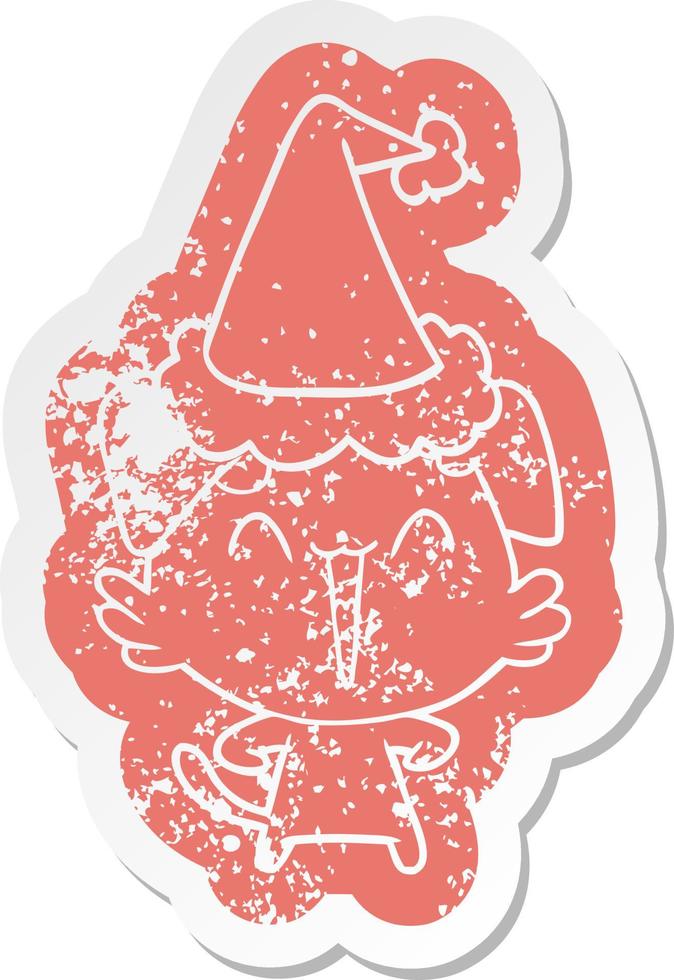 happy little dog cartoon distressed sticker of a wearing santa hat vector