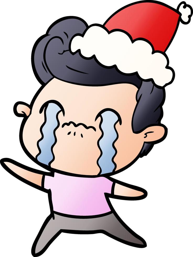 gradient cartoon of a man crying wearing santa hat vector