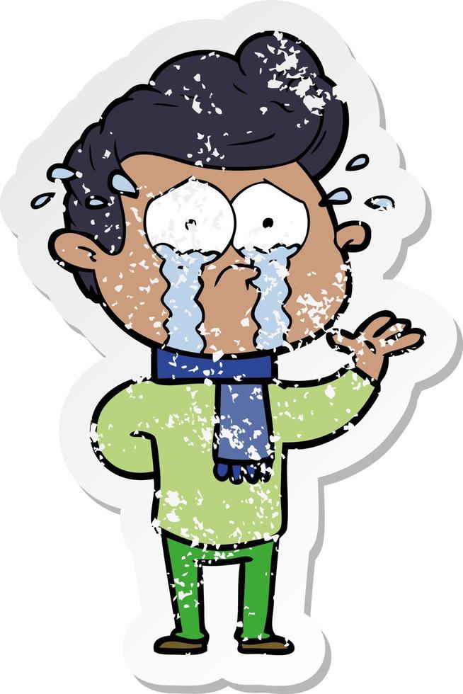 distressed sticker of a cartoon crying man vector