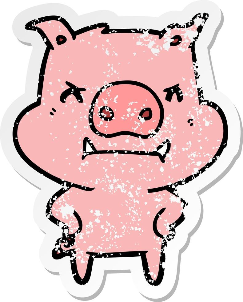 distressed sticker of a angry cartoon pig vector