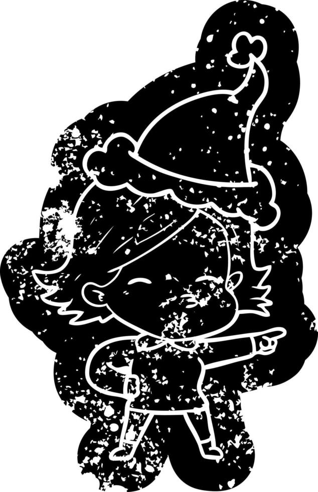 cartoon distressed icon of a woman pointing wearing santa hat vector