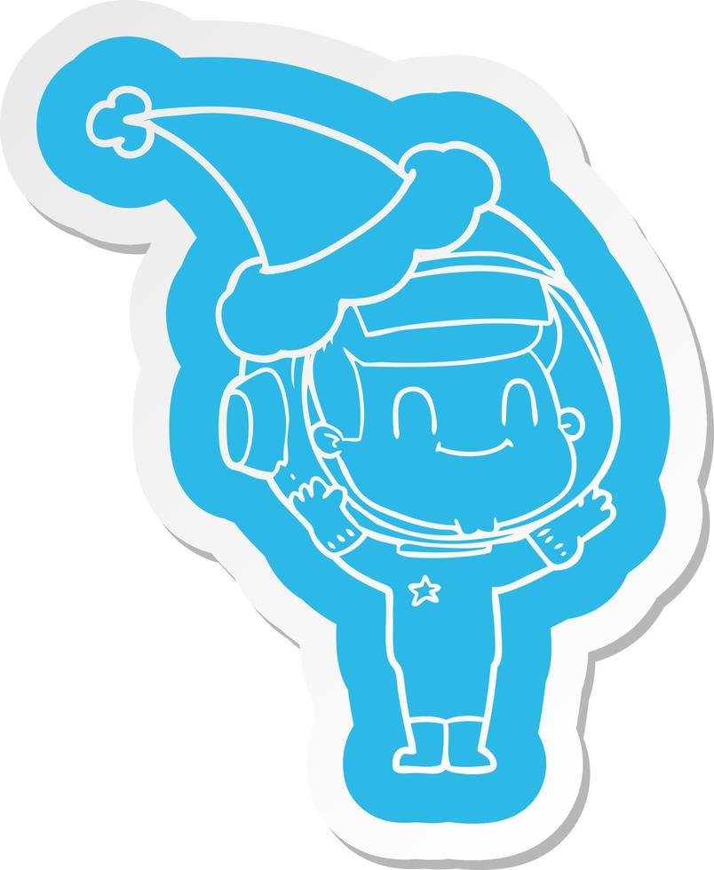 happy cartoon  sticker of a astronaut man wearing santa hat vector