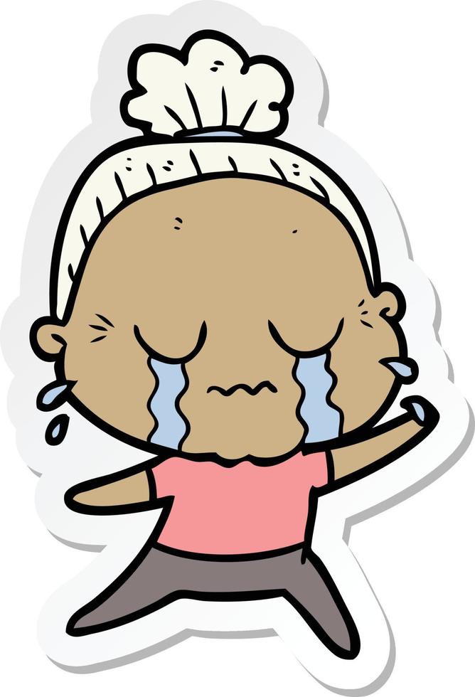 sticker of a cartoon crying old lady vector