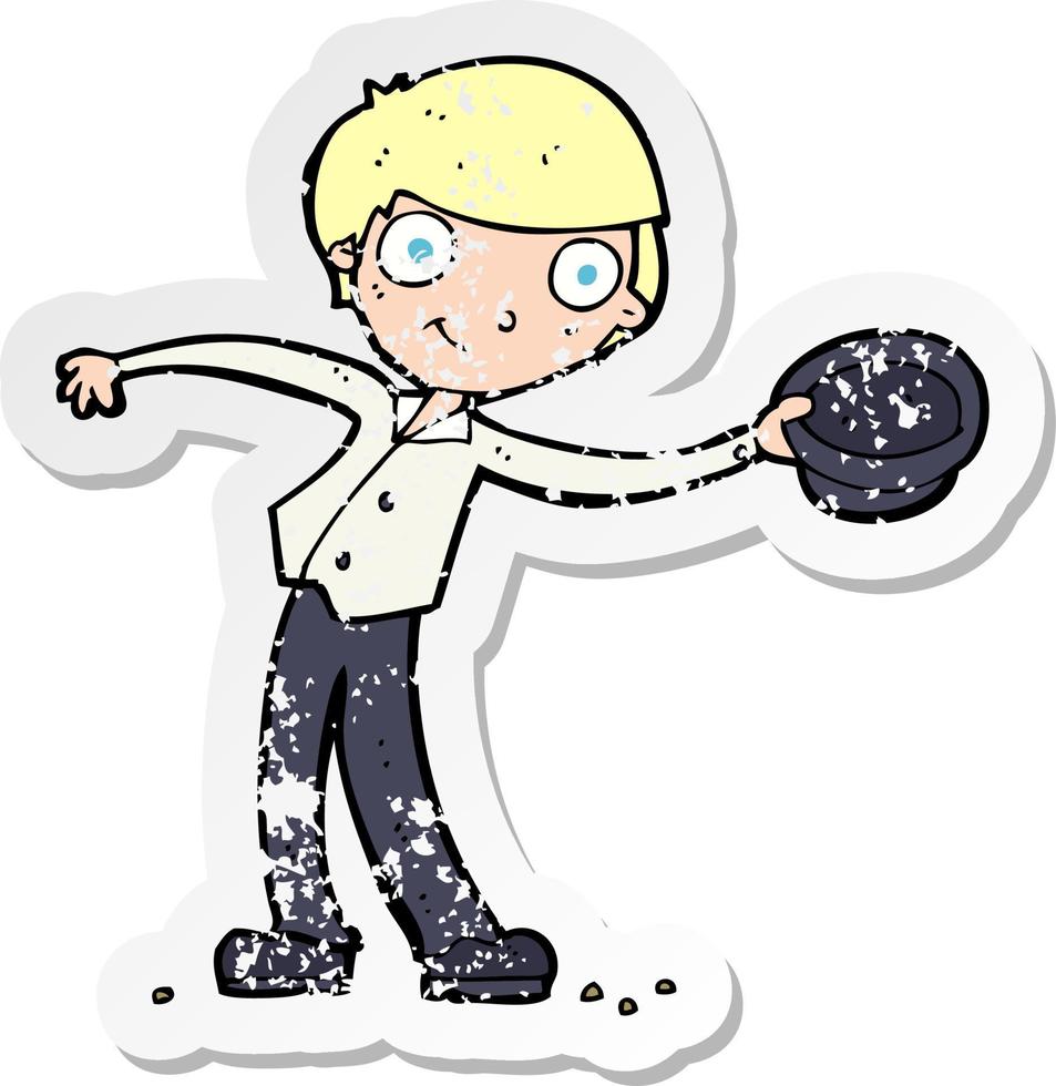 retro distressed sticker of a cartoon man tipping hat vector