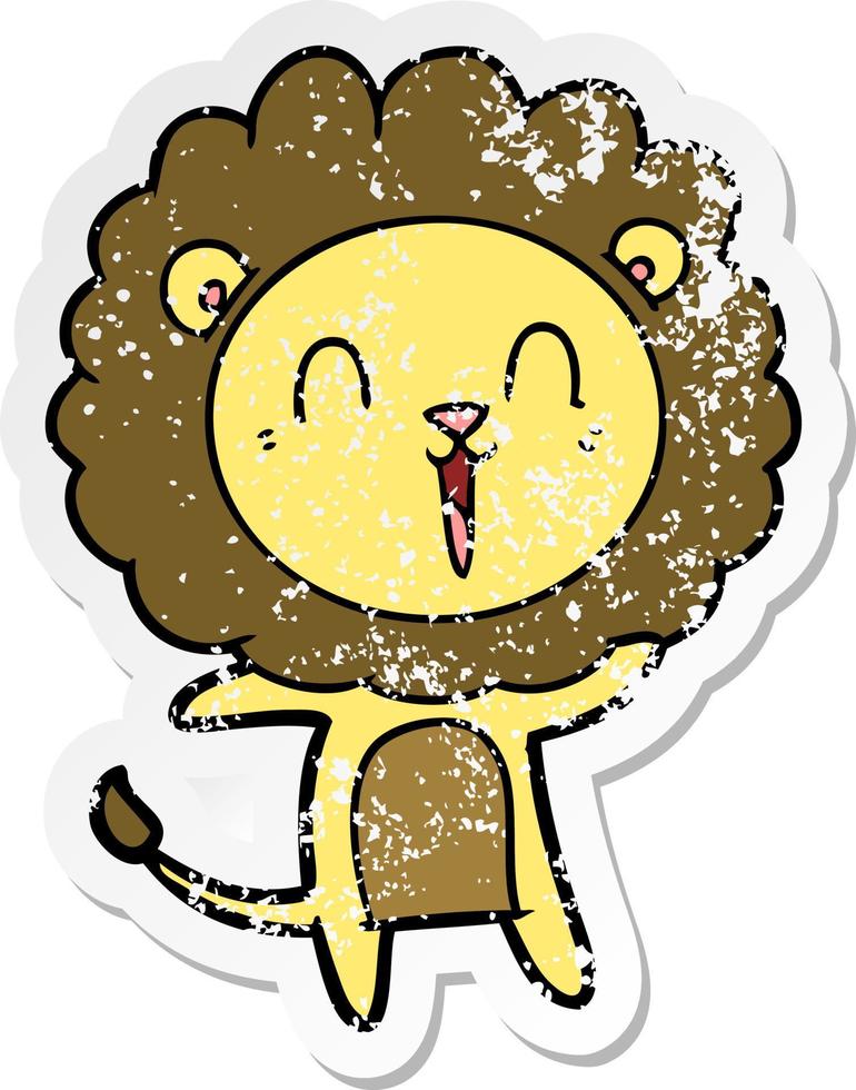 distressed sticker of a laughing lion cartoon vector