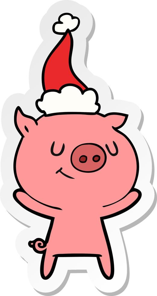 happy sticker cartoon of a pig wearing santa hat vector