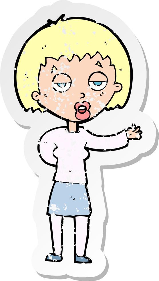 retro distressed sticker of a cartoon bored woman vector