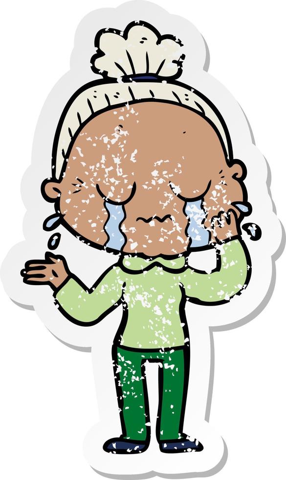 distressed sticker of a cartoon crying old lady vector