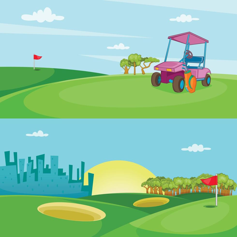 Field of golf banner set horizontal, cartoon style vector
