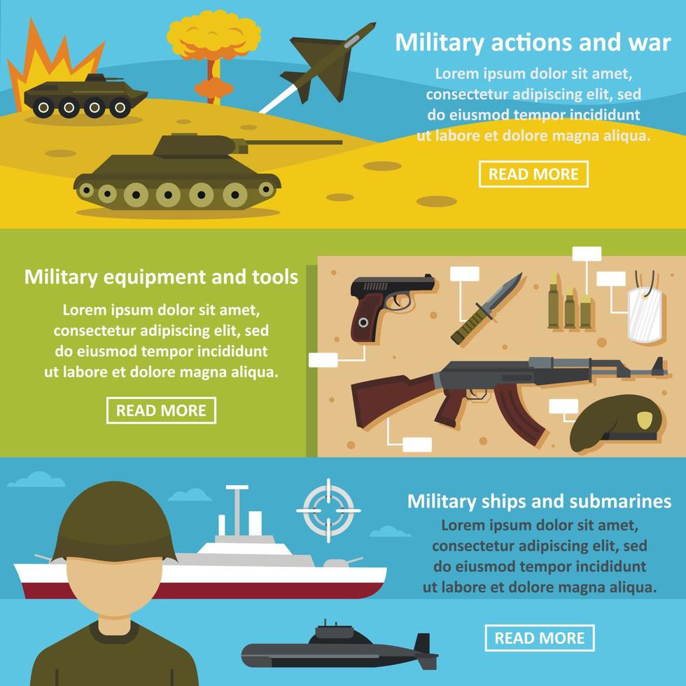 Military actions banner horizontal set, flat style vector