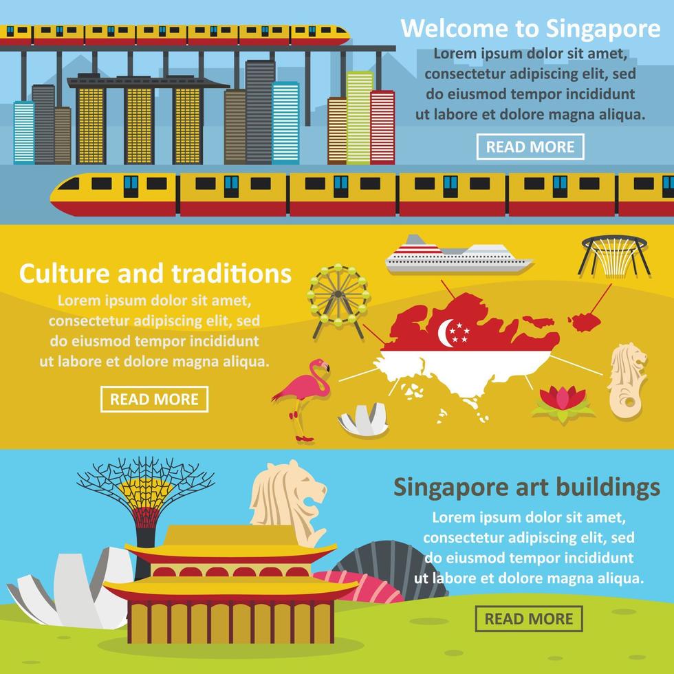 Singapore banner horizontal set, flat style vector