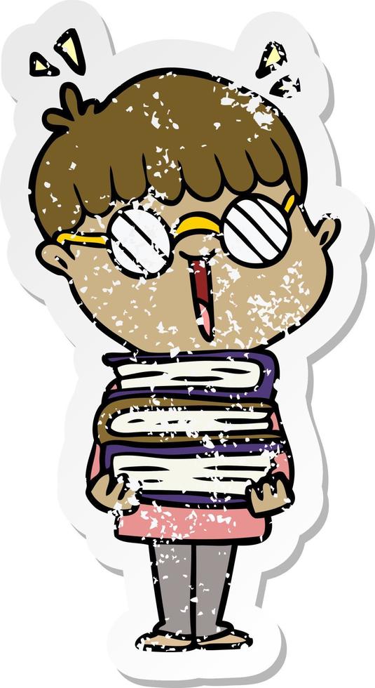distressed sticker of a cartoon boy with amazing books vector