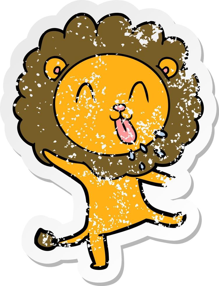 distressed sticker of a happy cartoon lion vector