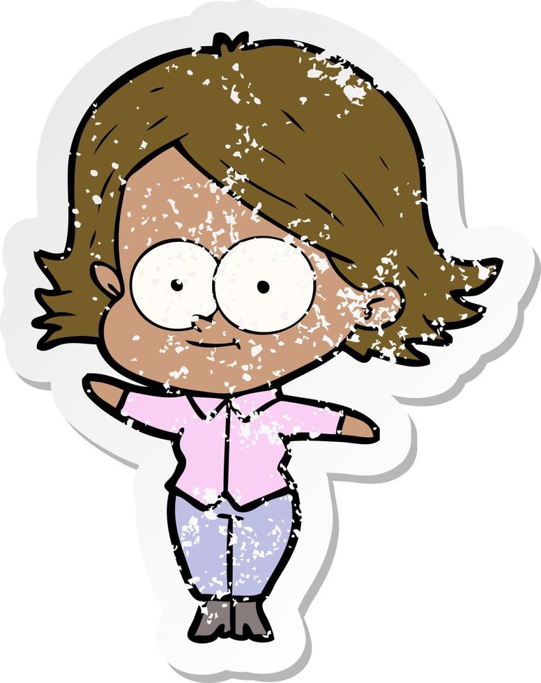 distressed sticker of a happy cartoon girl vector