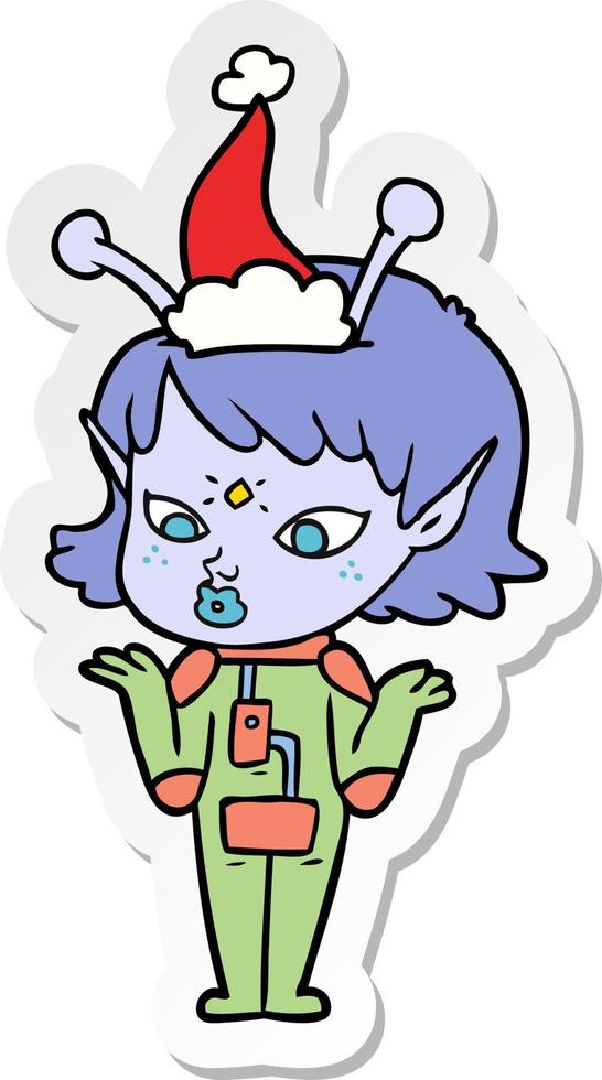 pretty sticker cartoon of a alien girl wearing santa hat vector