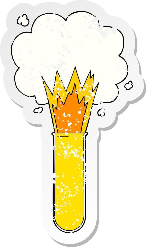 distressed sticker of a cartoon exploding chemicals in test tube vector