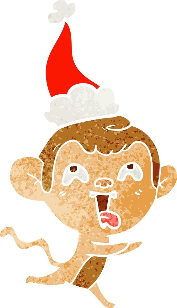 crazy retro cartoon of a monkey running wearing santa hat vector