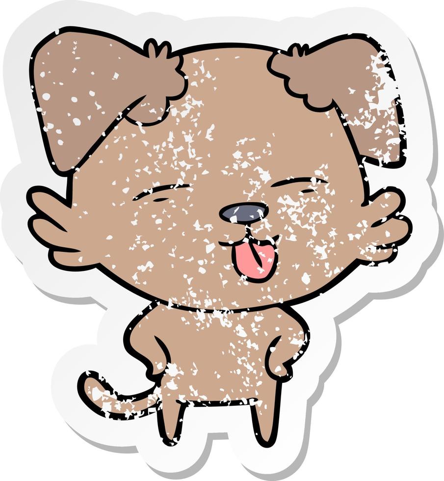 distressed sticker of a cartoon dog sticking out tongue vector