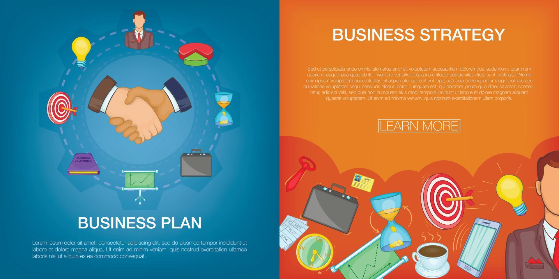 Business strategy plan banner set, cartoon style vector