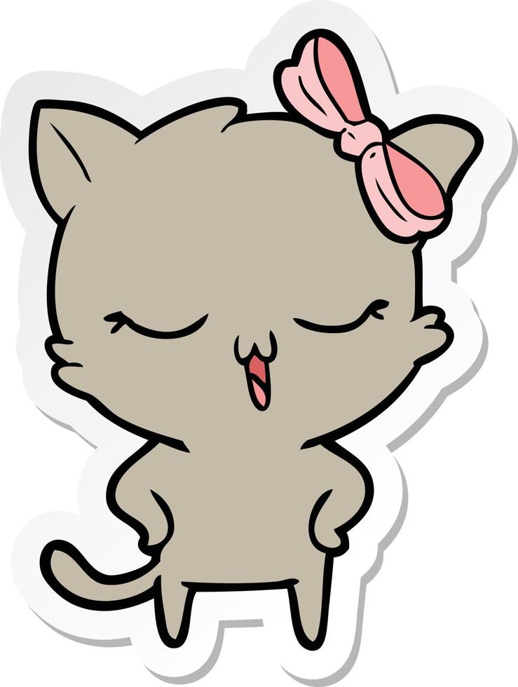 sticker of a cartoon cat with bow on head and hands on hips vector