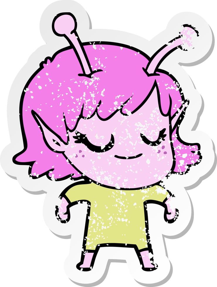 distressed sticker of a smiling alien girl cartoon vector