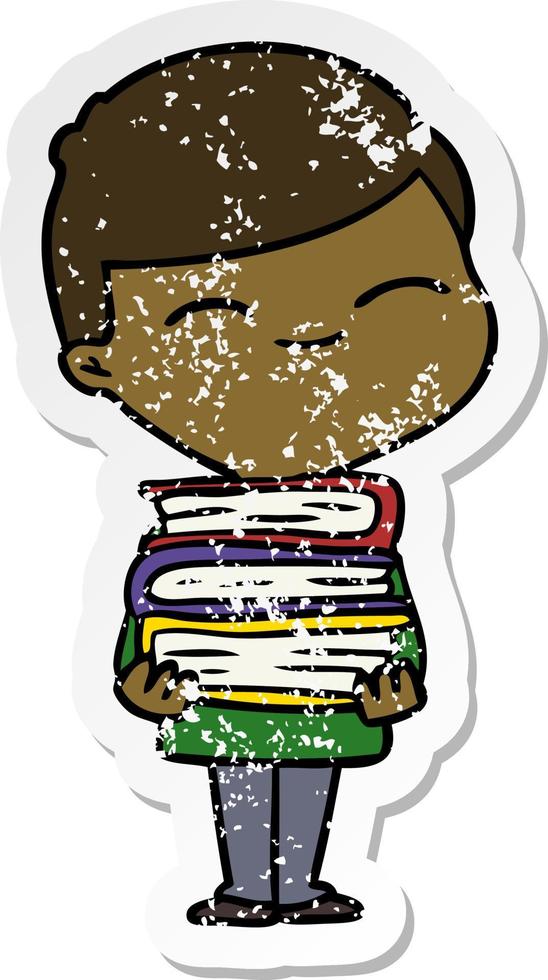 distressed sticker of a cartoon smiling boy with stack of books vector