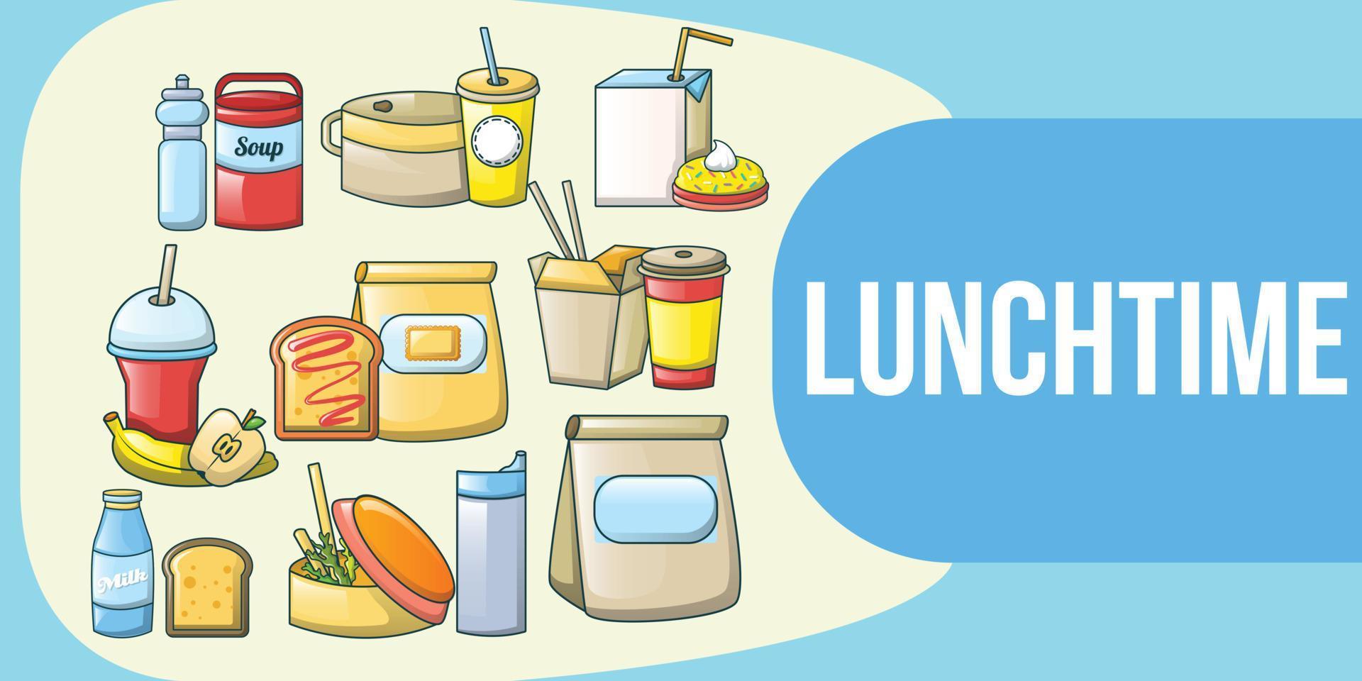 Lunchtime concept banner, cartoon style vector