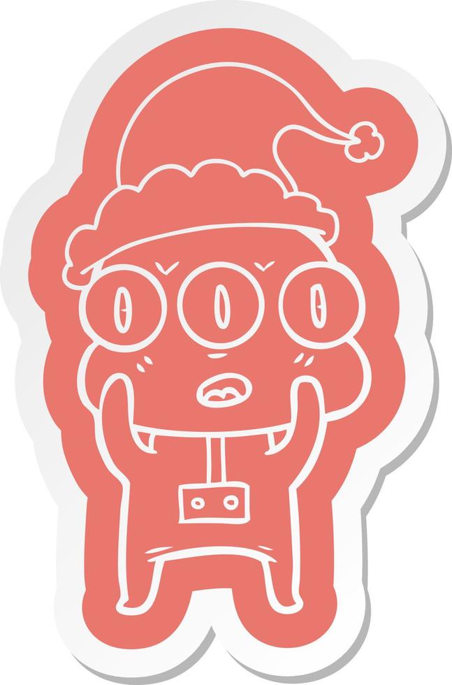 cartoon  sticker of a three eyed alien wearing santa hat vector