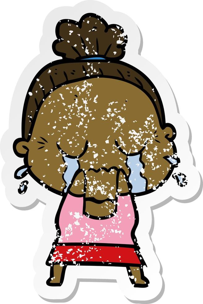 distressed sticker of a cartoon crying old lady vector