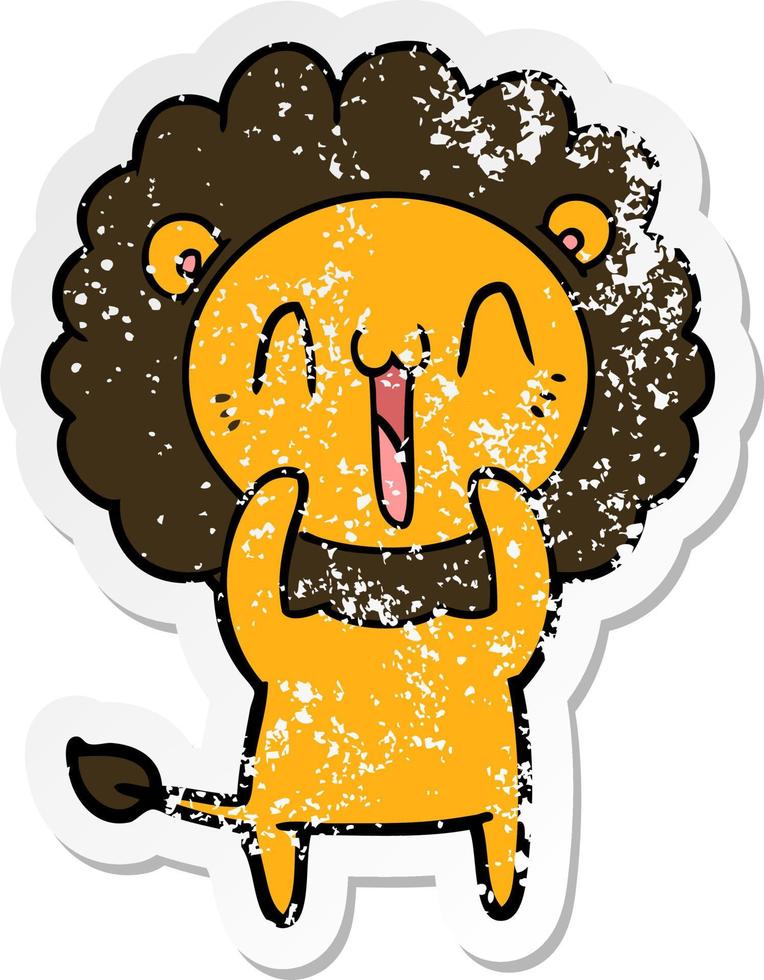 distressed sticker of a happy cartoon lion vector