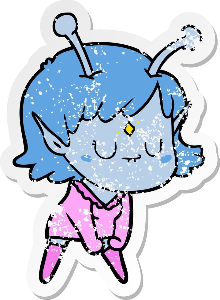distressed sticker of a cartoon alien girl doing muscle pose vector
