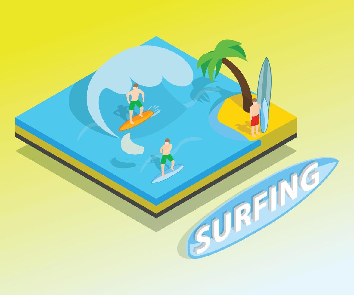 Surfing concept banner, isometric style vector