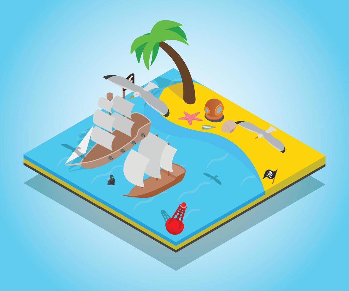 Pirate beach concept banner, isometric style vector