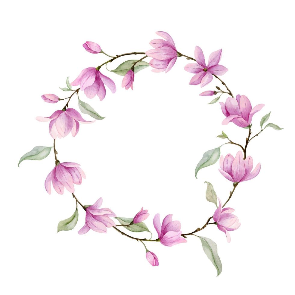 Watercolor Wreath with pink Flowers and green leaves. Hand drawn illustration of circle border with Magnolia or Rose on white isolated background vector