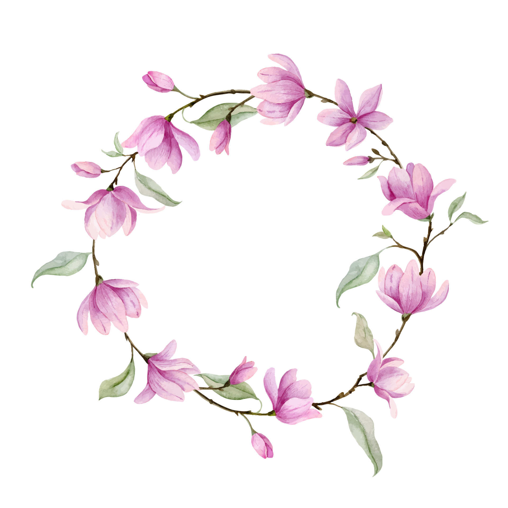 corona de acuarela con flores rosas y hojas verdes. ilustración dibujada a  mano del borde del círculo con magnolia o rosa sobre fondo blanco aislado  8778878 Vector en Vecteezy