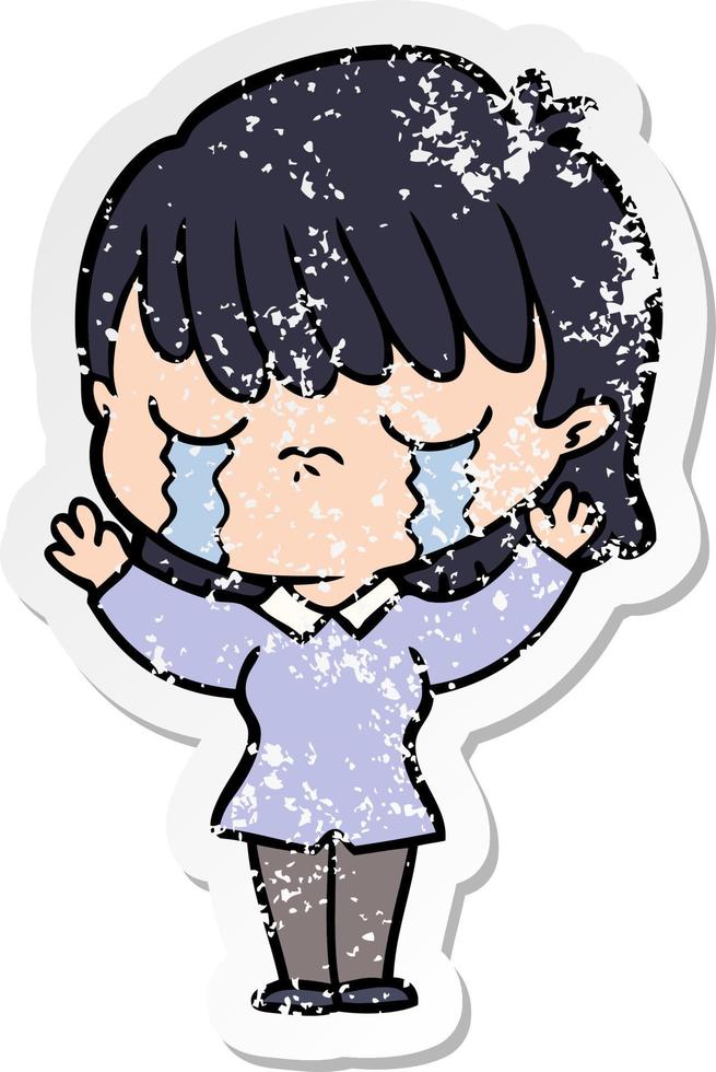 distressed sticker of a cartoon woman crying vector